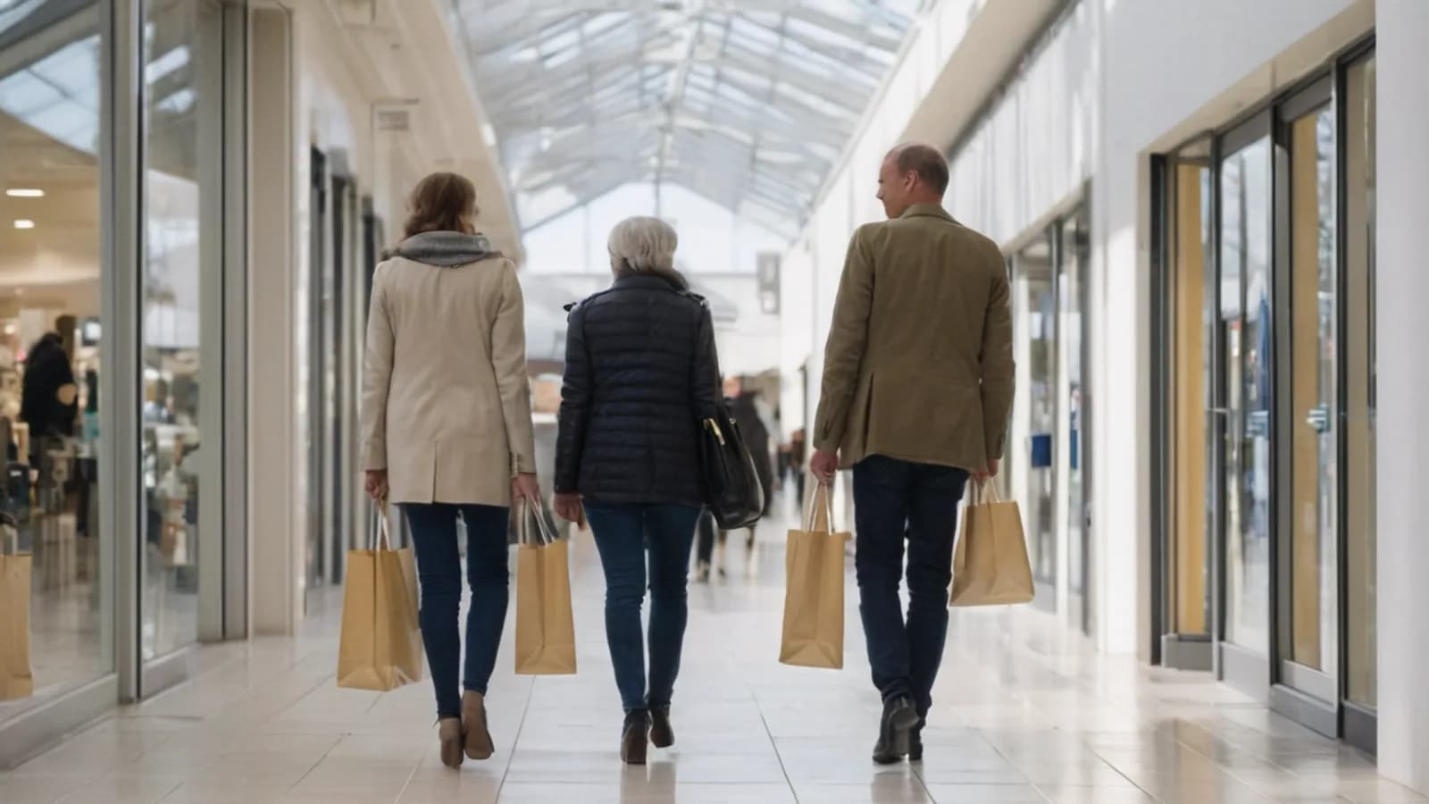 Illustration of shoppers with plain bags walking through a sunlit outlet shopping centre