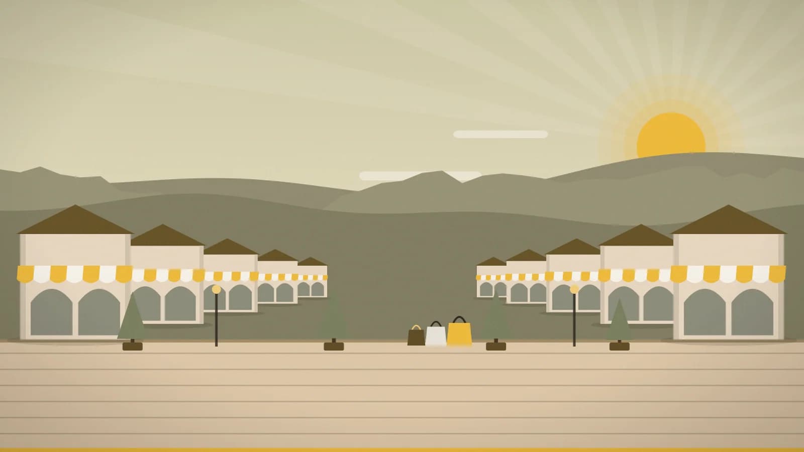 Illustration of an outlet promenade against mountain ridges with Blue Ridge Mountains in the background, Tanger Outlets Asheville, Asheville, NC, USA