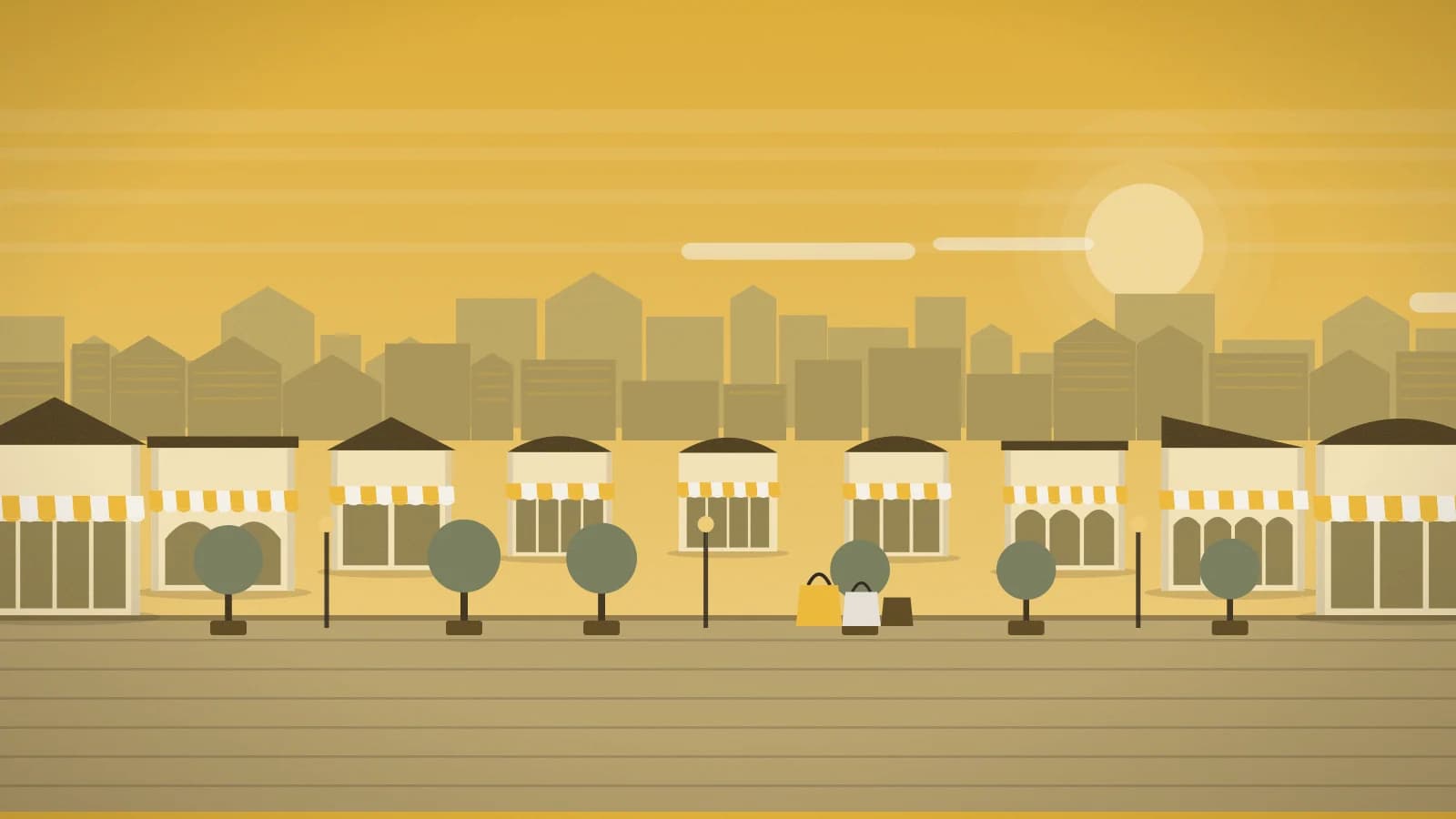 Illustration of an outlet promenade against a low-rise townscape, Belmont Park Village, Elmont, NY, USA