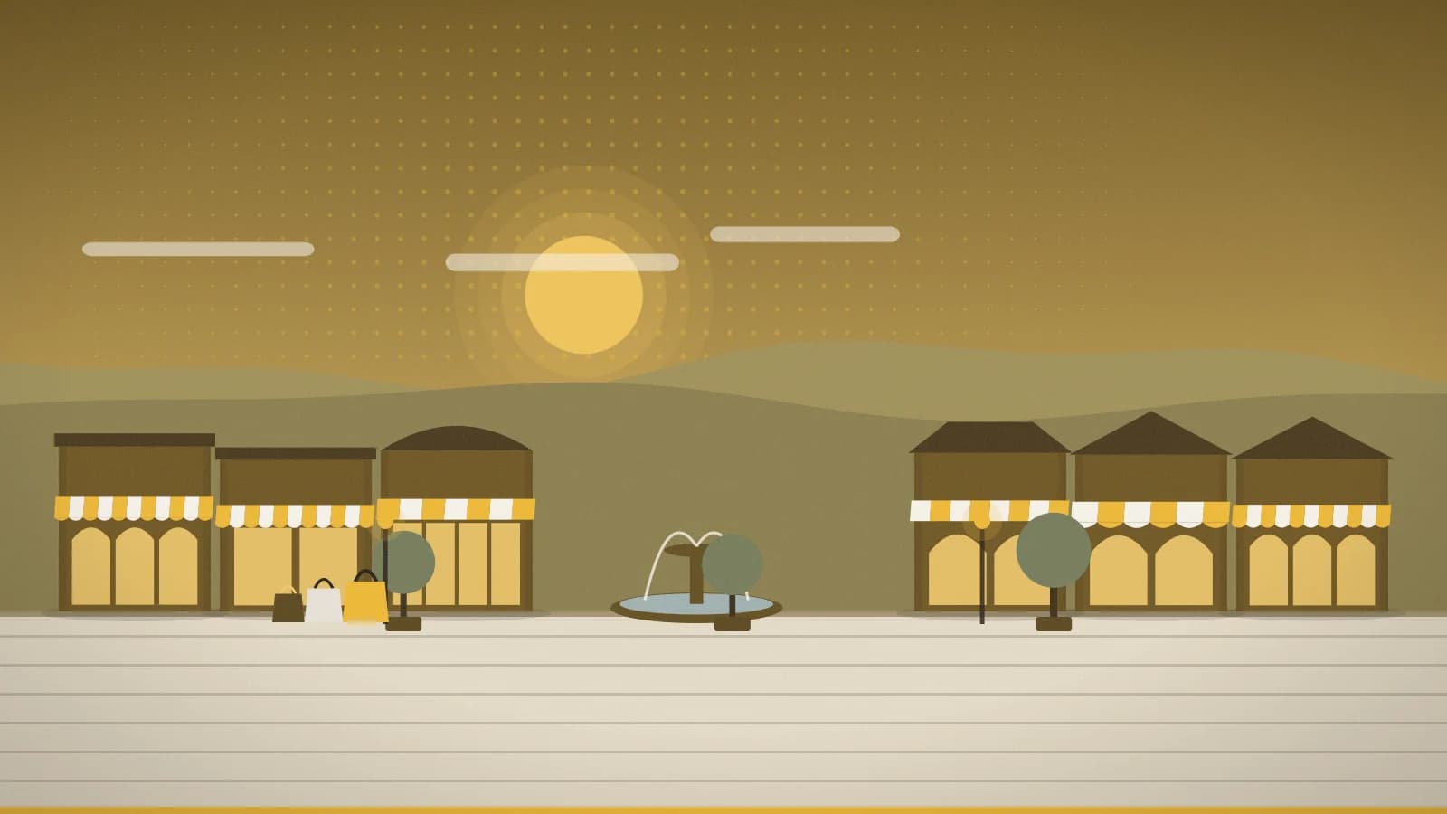 Illustration of an outlet promenade against rolling hills, Busan Premium Outlets, Busan, South Korea