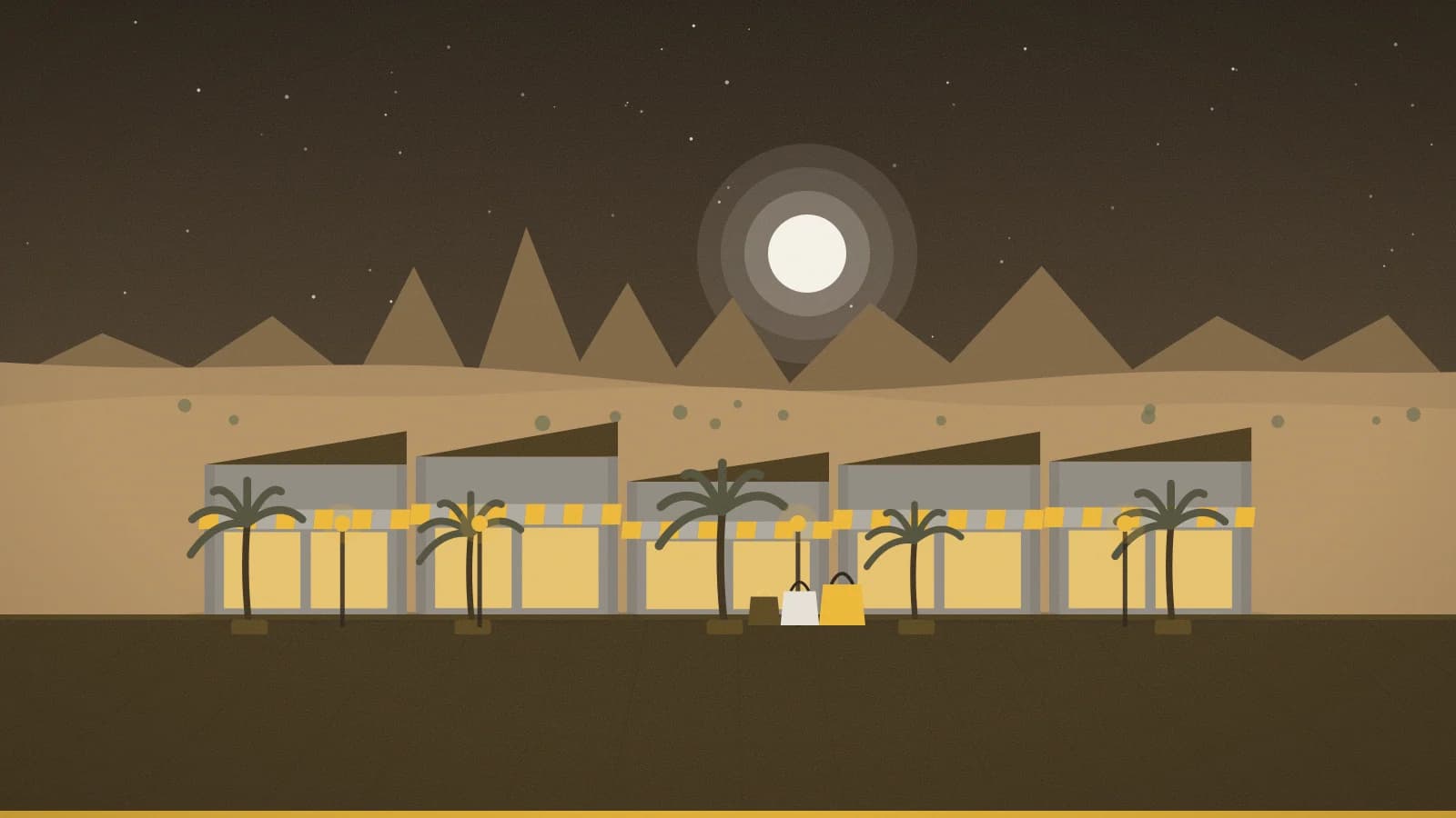 Illustration of an outlet promenade against desert foothills with Mount San Jacinto in the background, Cabazon Outlets, Cabazon, USA