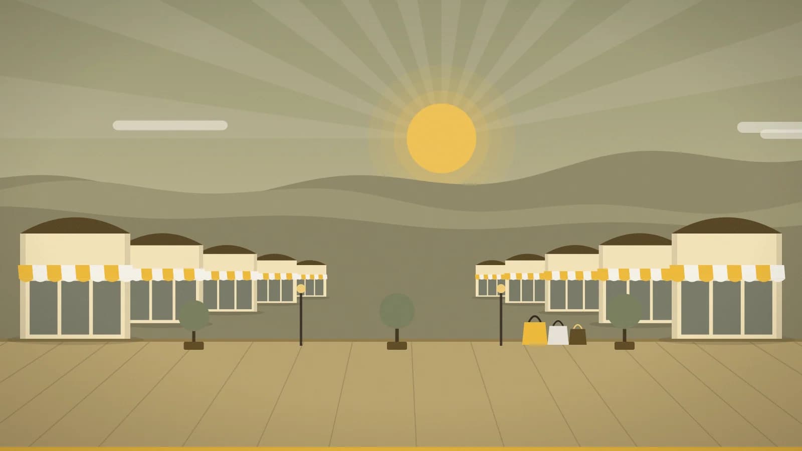 Illustration of an outlet promenade against rolling hills with Santa Monica Mountains in the background, Camarillo Premium Outlets, Camarillo, CA, USA