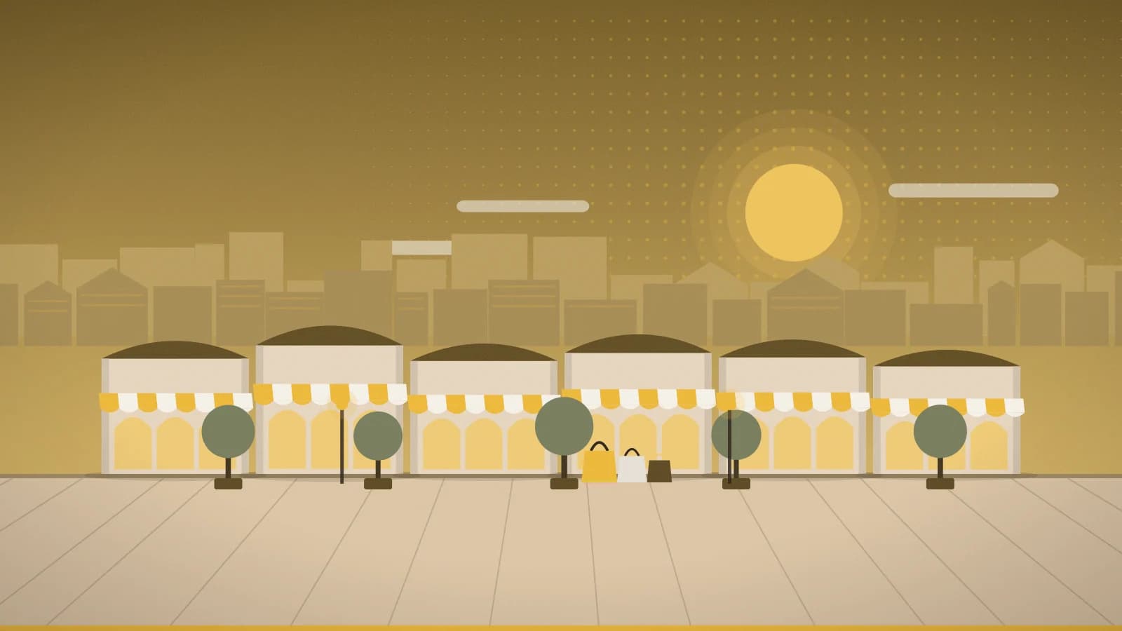 Illustration of an outlet promenade against a low-rise townscape, Citadel Outlets, City of Commerce, CA, USA
