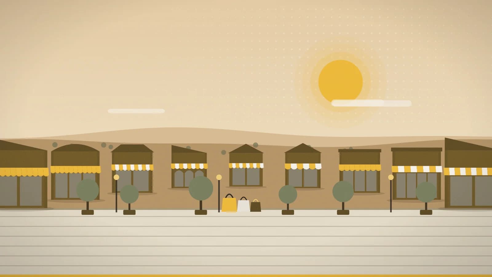 Illustration of an outlet promenade against desert foothills, Dubai Outlet Mall, Dubai, UAE
