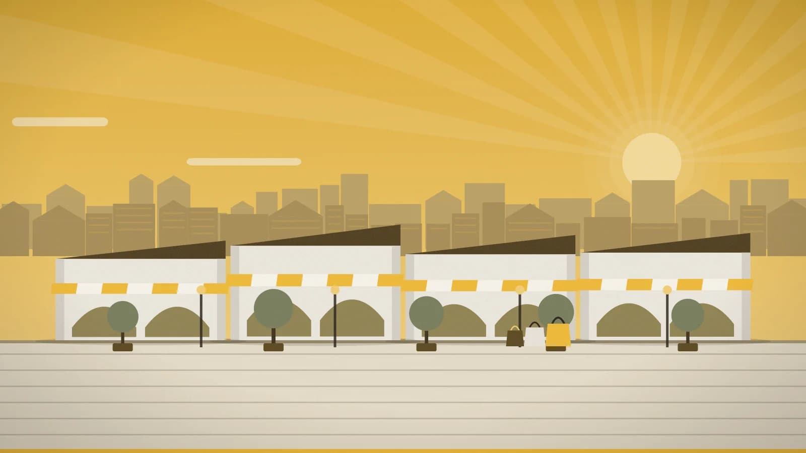 Illustration of an outlet promenade against a low-rise townscape, Factory Annopol, Warsaw, Poland