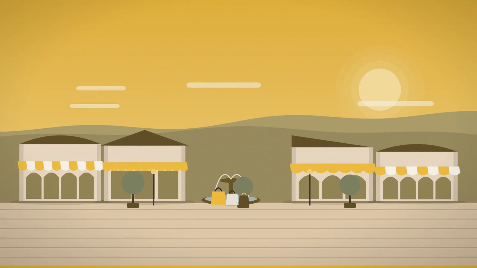 Illustration of an outlet promenade against rolling hills, Factory Gliwice, Gliwice, Poland