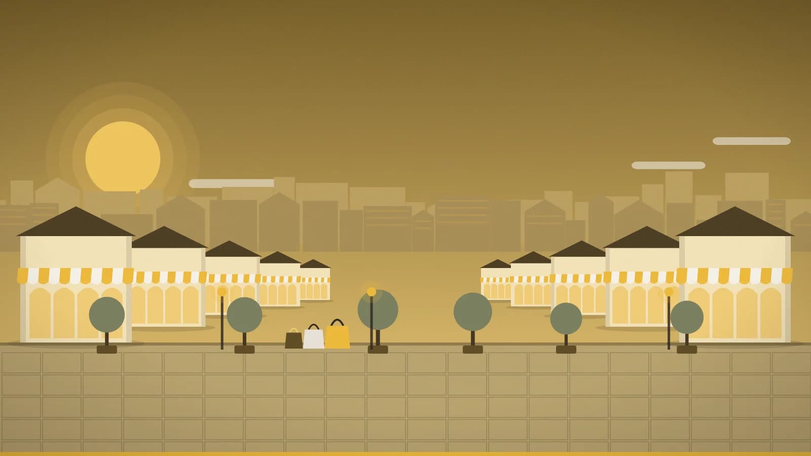 Illustration of an outlet promenade against a low-rise townscape, Factory Ursus, Warsaw, Poland
