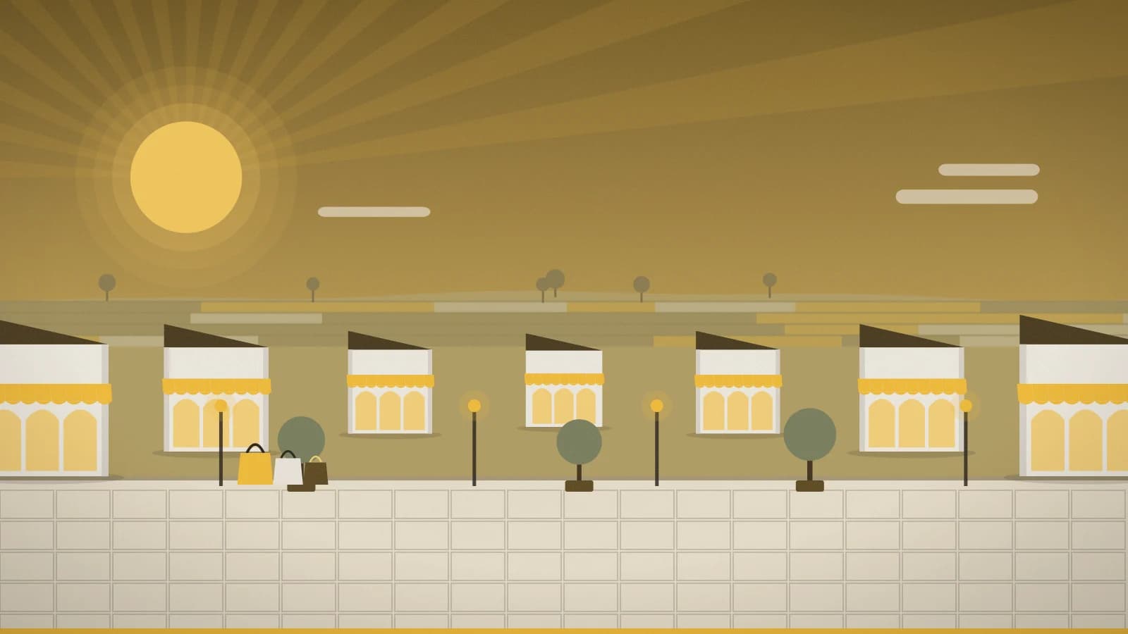 Illustration of an outlet promenade against open countryside, Fukaya-Hanazono Premium Outlets, Fukaya, Japan