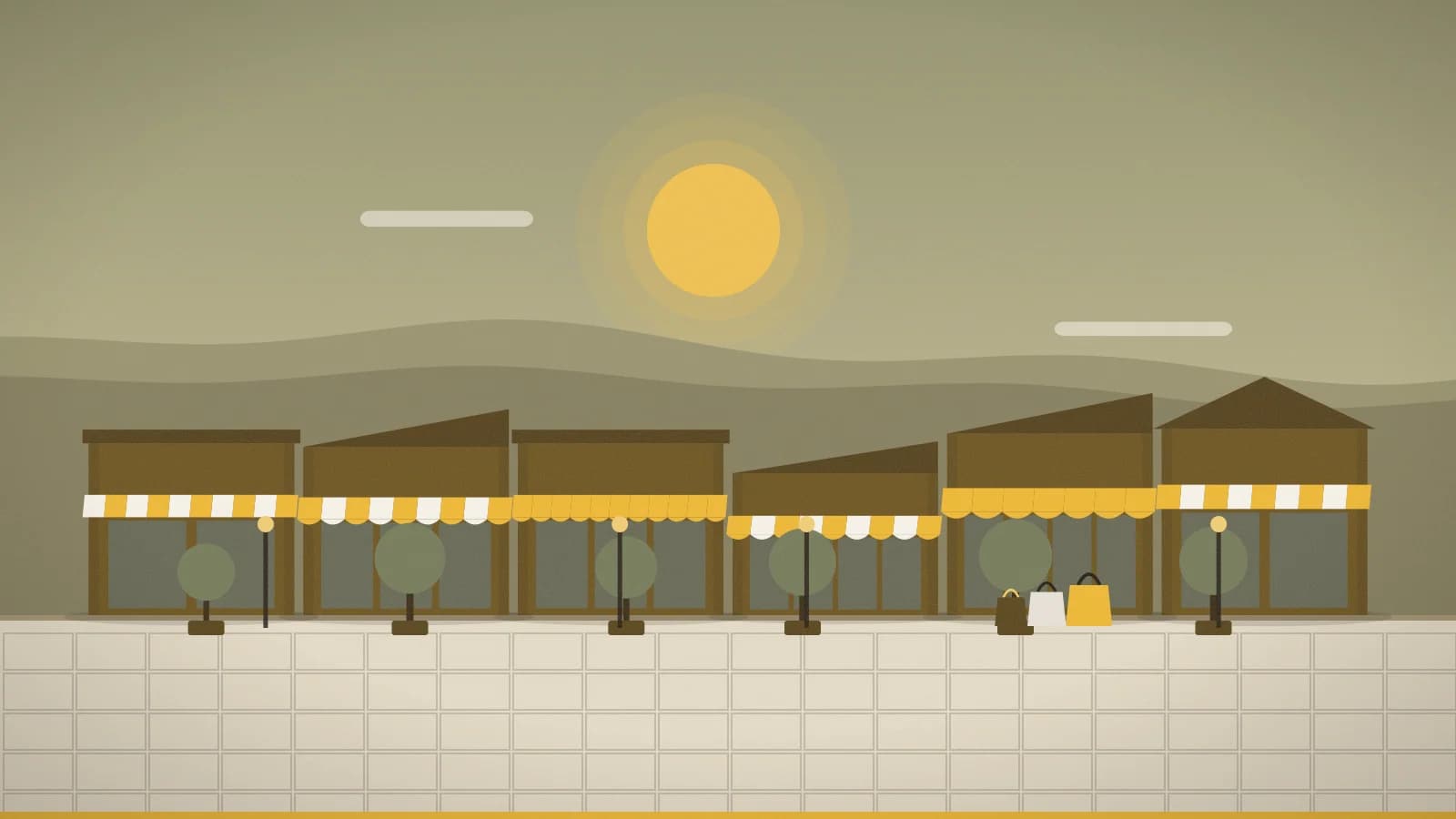 Illustration of an outlet promenade against rolling hills, Gilroy Premium Outlets, Gilroy, CA, USA