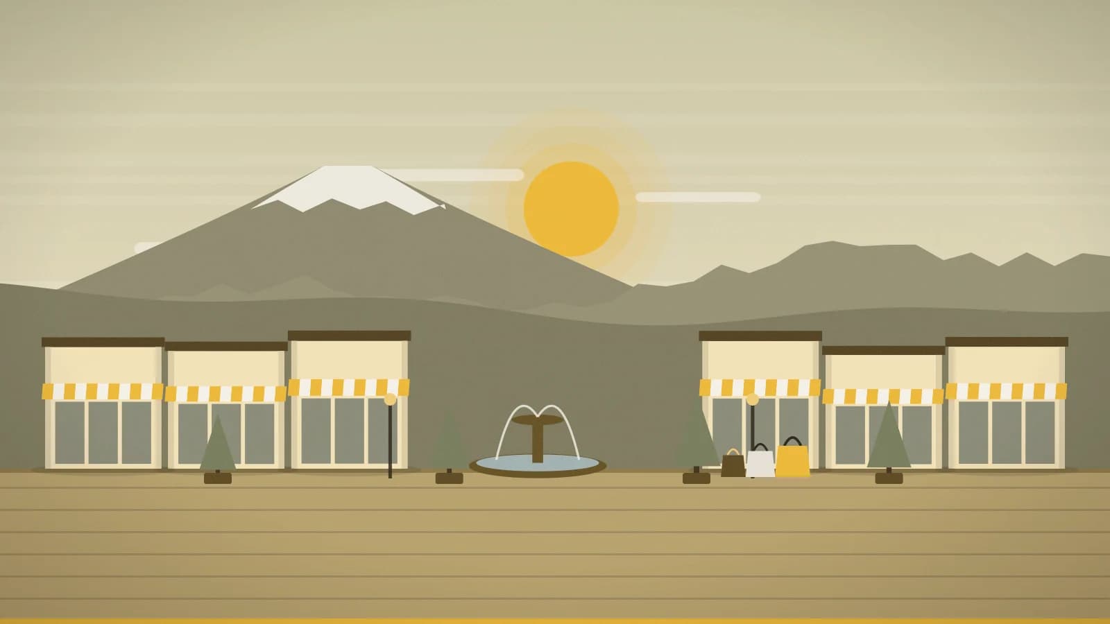 Illustration of an outlet promenade against mountain ridges with Mount Fuji in the background, Gotemba Premium Outlets, Gotemba, Japan