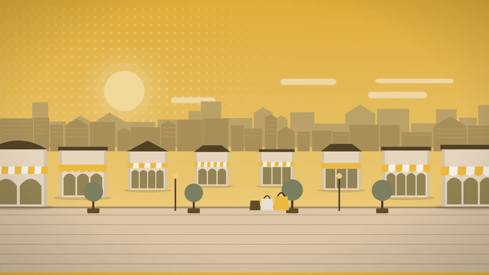 Illustration of an outlet promenade against a low-rise townscape, Jakarta Premium Outlets, Kota Tangerang, Indonesia