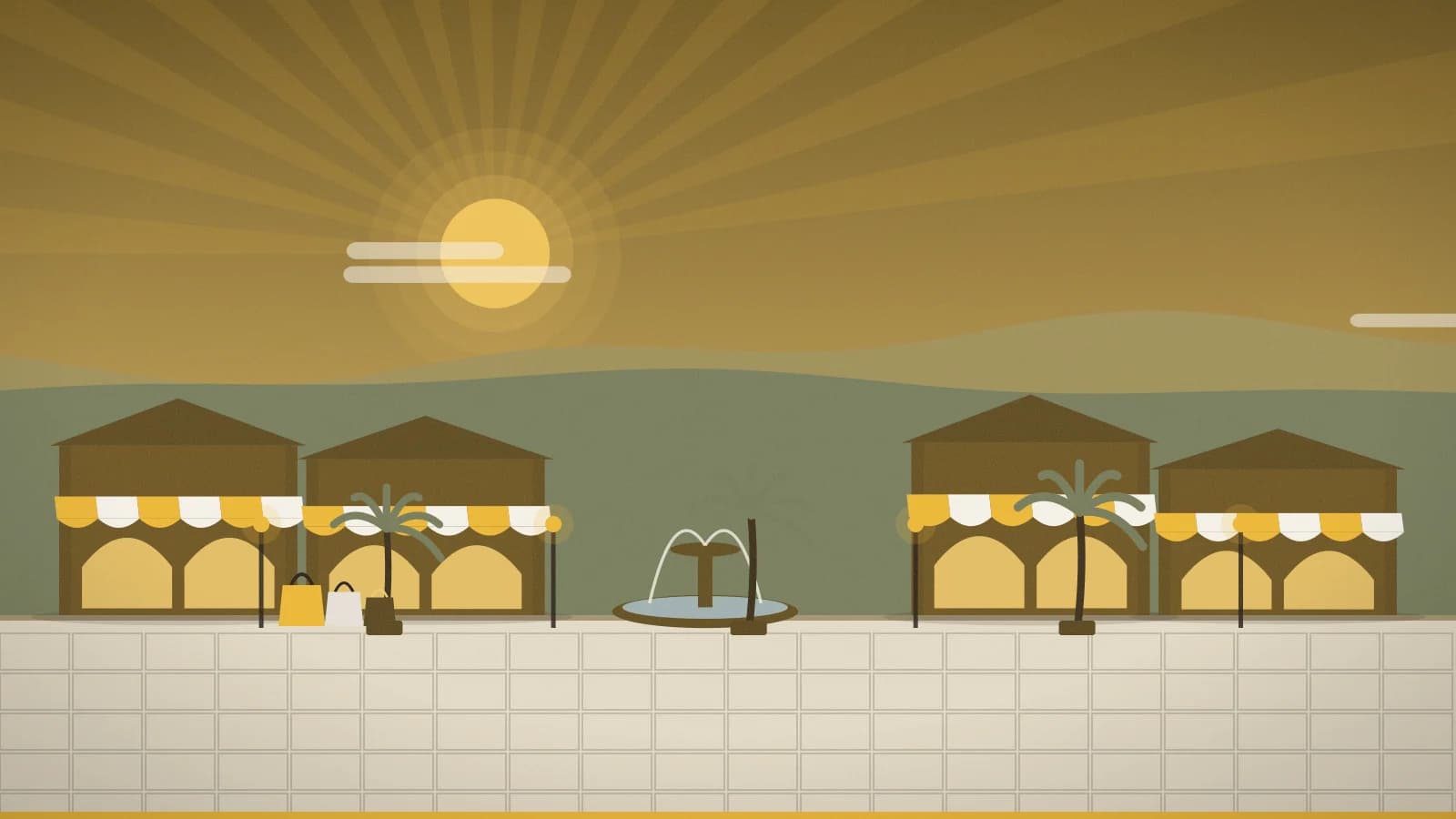 Illustration of an outlet promenade against tropical hills, Johor Premium Outlets, Kulai (Johor Bahru area), Malaysia