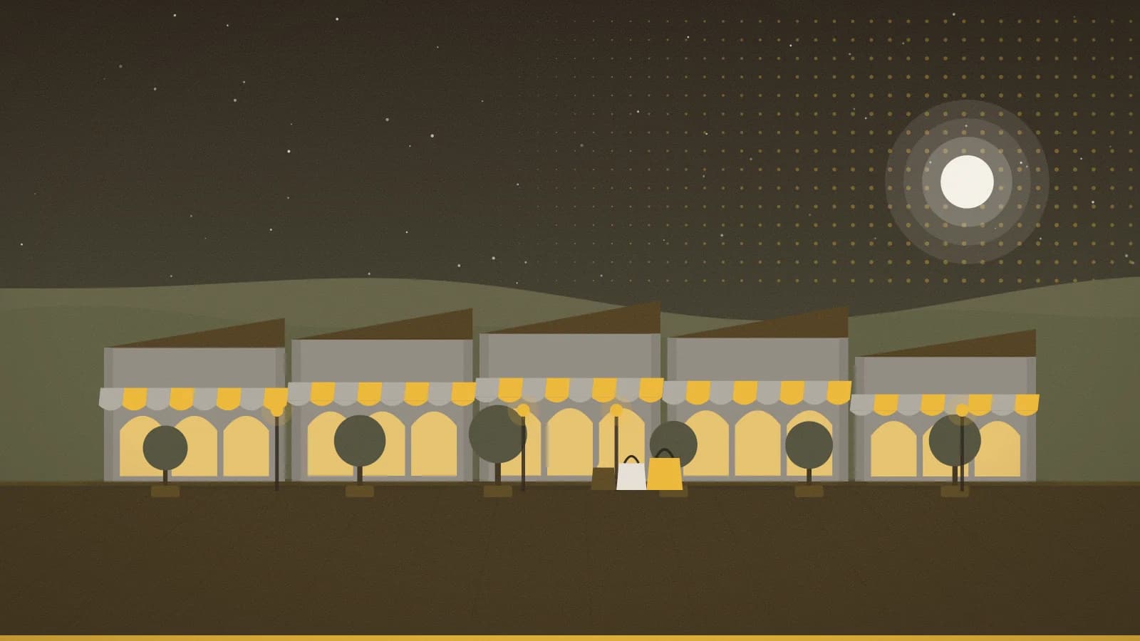 Illustration of an outlet promenade against rolling hills, Kobe-Sanda Premium Outlets, Kobe, Japan