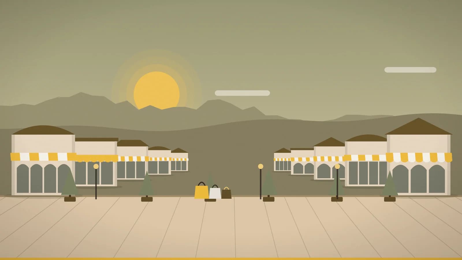 Illustration of an outlet promenade against mountain ridges, Landquart Fashion Outlet, Landquart, Switzerland