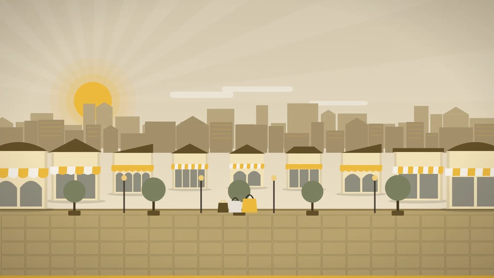 Illustration of an outlet promenade against a low-rise townscape, Las Americas Premium Outlets, San Diego, CA, USA