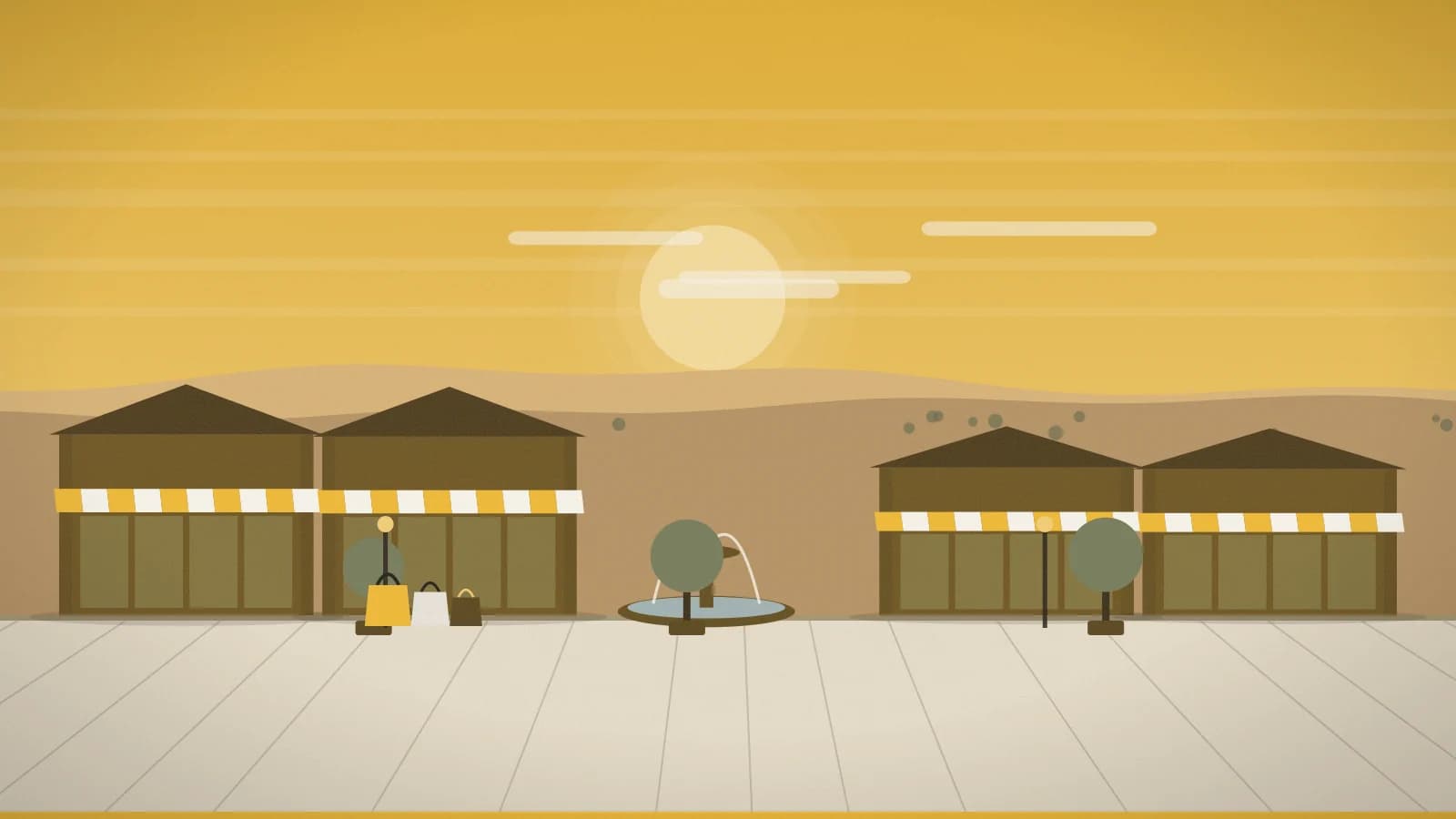 Illustration of an outlet promenade against desert foothills, Las Vegas South Premium Outlets, Las Vegas, NV, USA