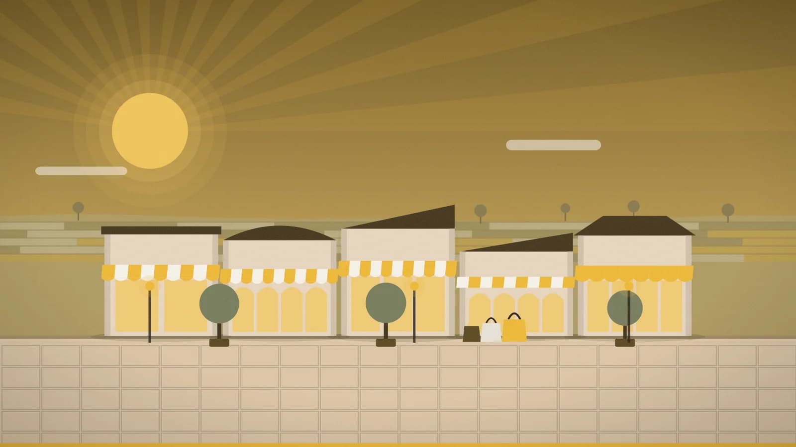Illustration of an outlet promenade against open countryside, Malmö Designer Village, Löddeköpinge (Malmö area), Sweden