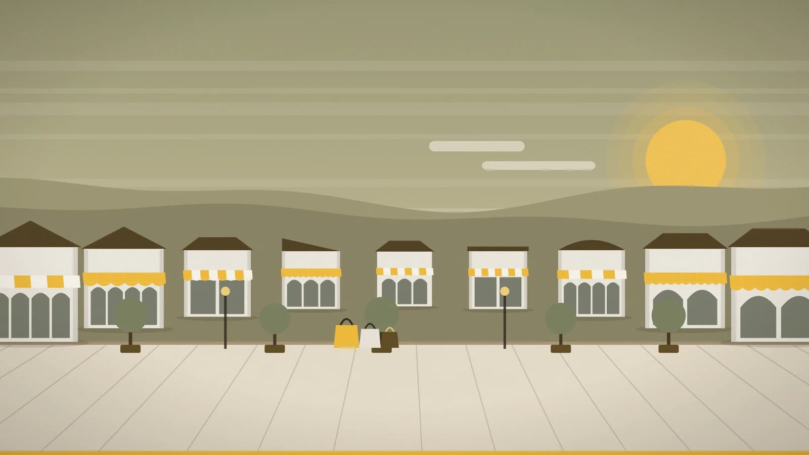 Illustration of an outlet promenade against rolling hills, Napa Premium Outlets, Napa, CA, USA