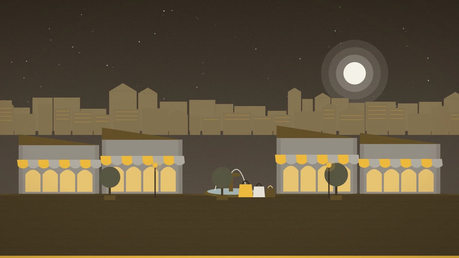 Illustration of an outlet promenade against a low-rise townscape, Ontario Mills, Ontario, CA, USA
