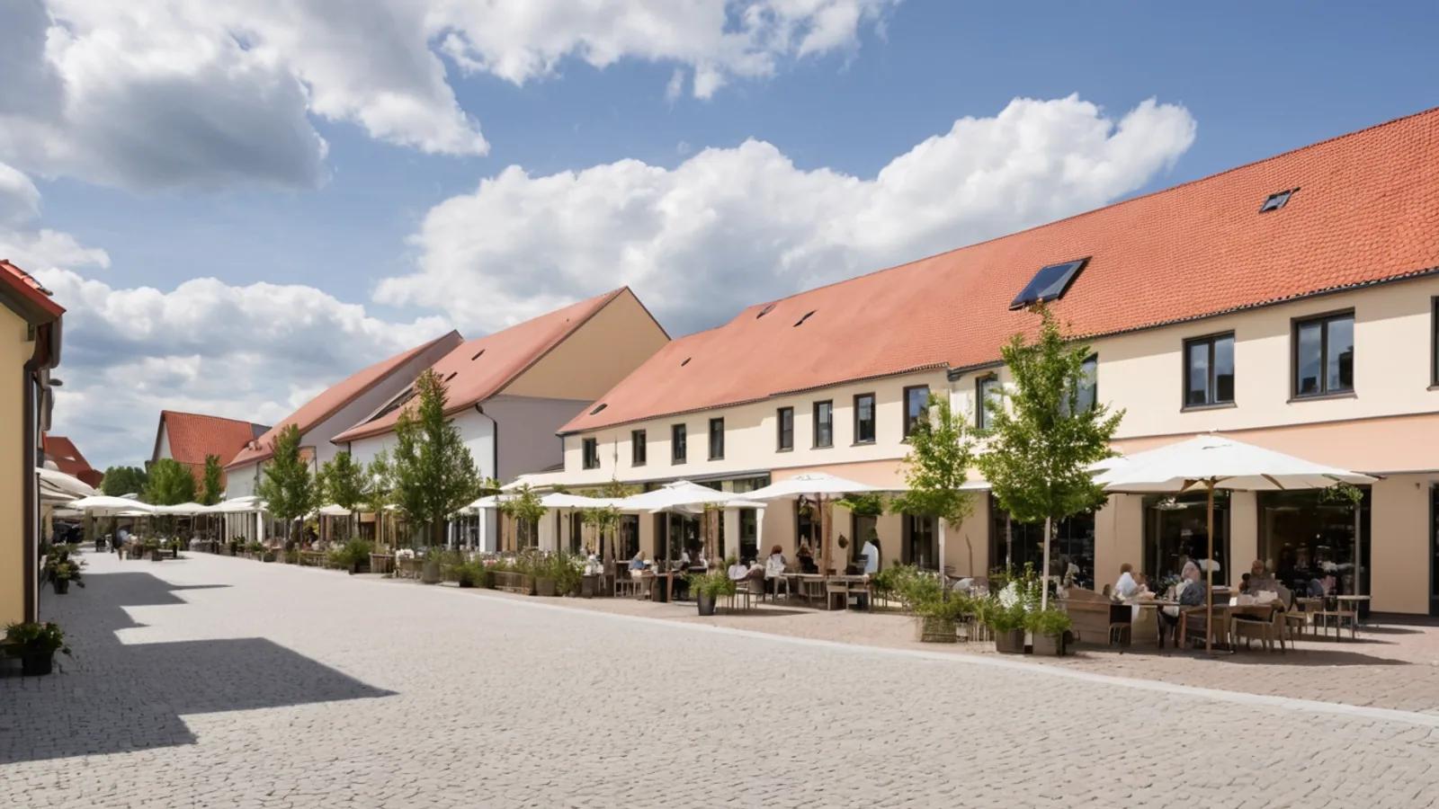Illustration of a designer outlet centre in the regional style of Wustermark, Germany