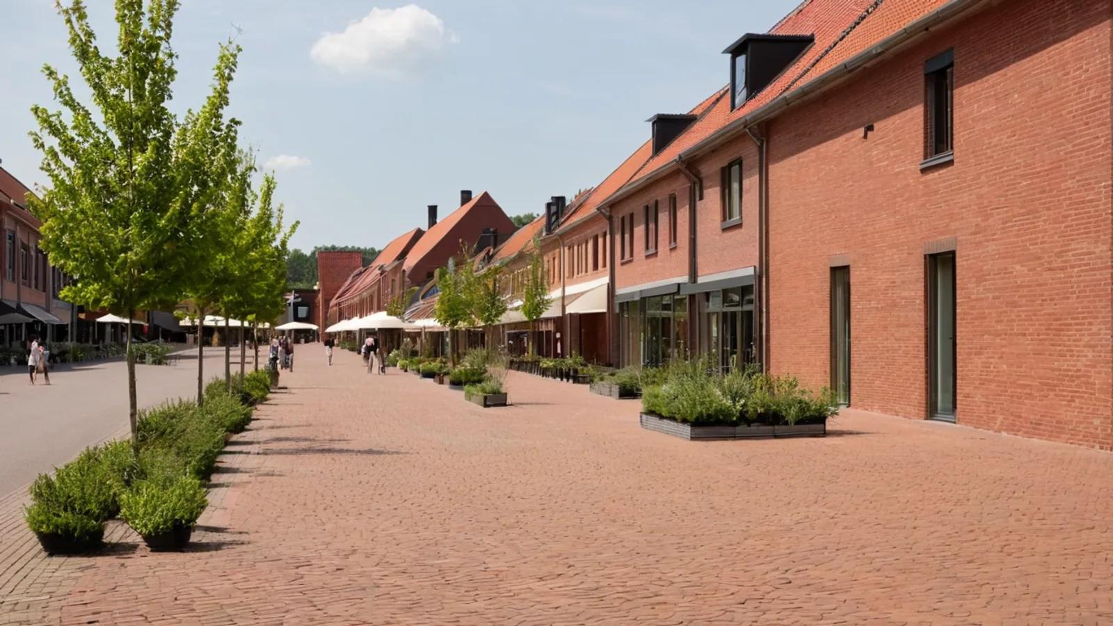 Illustration of an outlet shopping village in the regional style of Maasmechelen, Belgium