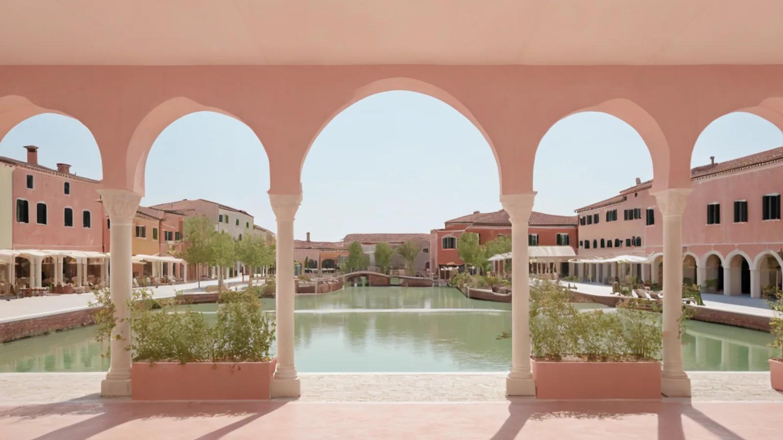 Illustration of a designer outlet centre in the regional style of Noventa di Piave, Italy