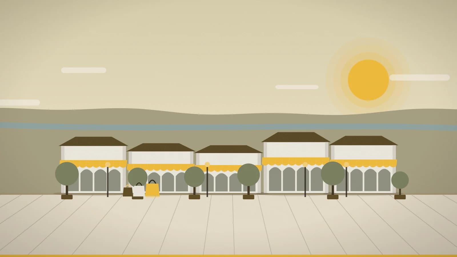 Illustration of an outlet promenade against a river valley, Paju Premium Outlets, Paju, South Korea