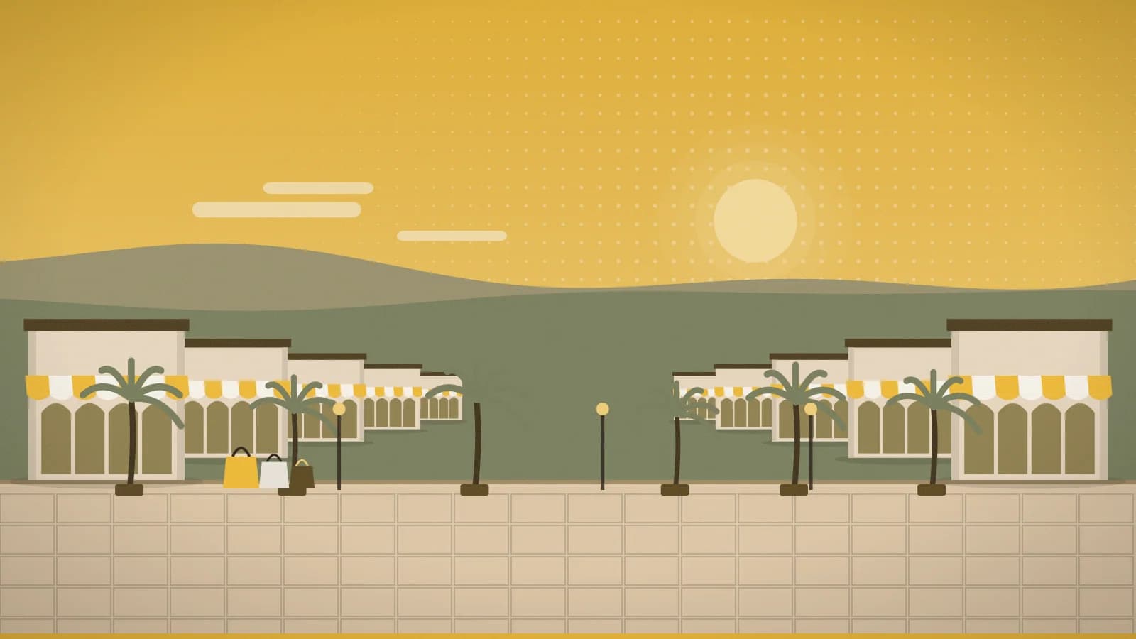 Illustration of an outlet promenade against tropical hills, Tanger Outlets Palm Beach, West Palm Beach, FL, USA