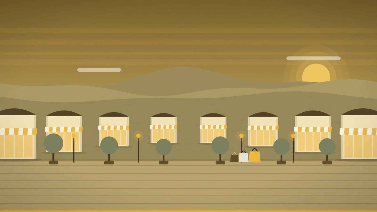 Illustration of an outlet promenade against rolling hills with Sonoma Mountain in the background, Petaluma Village Premium Outlets, Petaluma, CA, USA