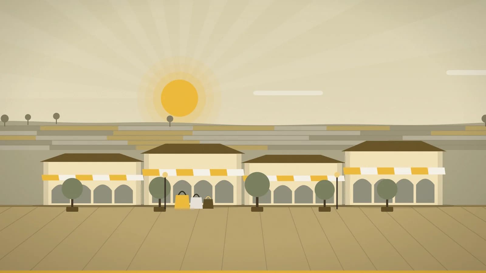 Illustration of an outlet promenade against open countryside, Premium Outlet Collection Edmonton International Airport, Leduc County (Edmonton area), Canada