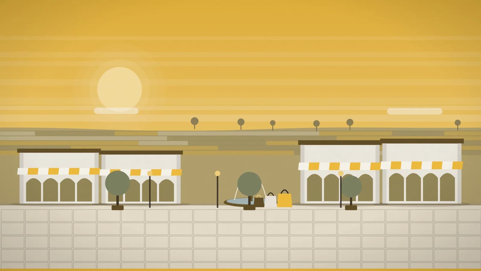 Illustration of an outlet promenade against open countryside, Premium Outlets Montreal, Mirabel, Canada