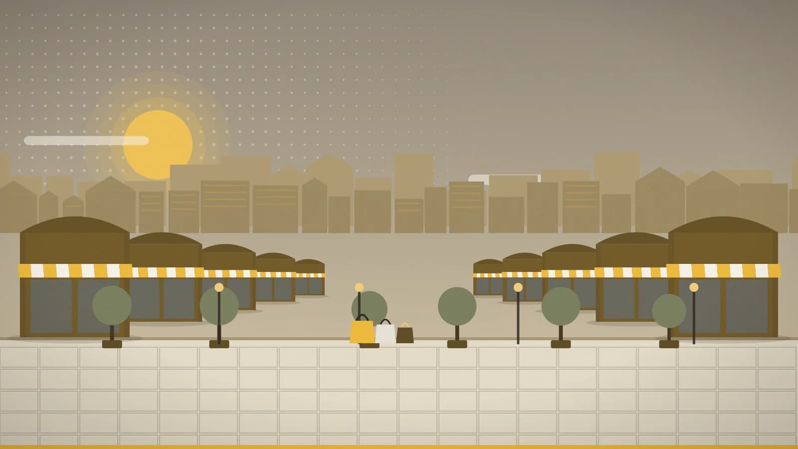 Illustration of an outlet promenade against a low-rise townscape, Premium Outlets Punta Norte, Cuautitlán Izcalli (Mexico City area), Mexico