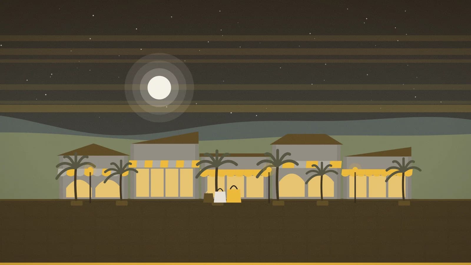 Illustration of an outlet promenade against tropical hills, Puerto Rico Premium Outlets, Barceloneta, Puerto Rico