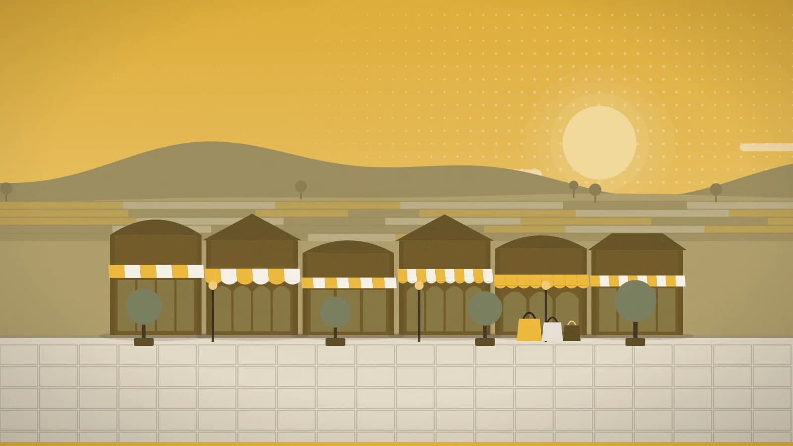 Illustration of an outlet promenade against open countryside with Mount Mikamo in the background, Sano Premium Outlets, Sano, Japan