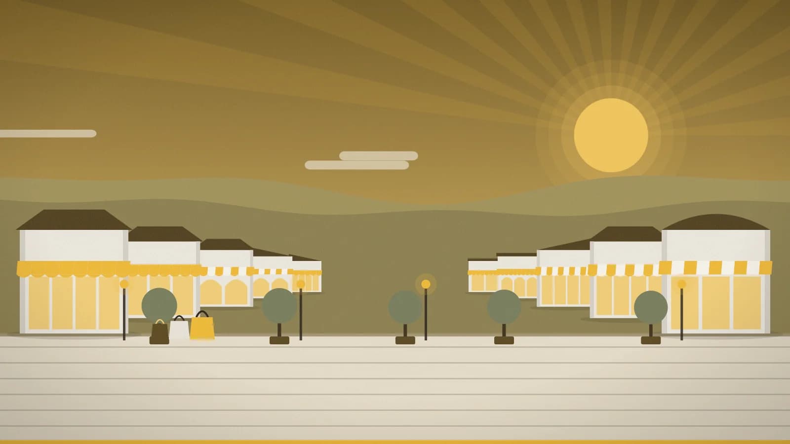 Illustration of an outlet promenade against rolling hills, Sendai-Izumi Premium Outlets, Sendai, Japan