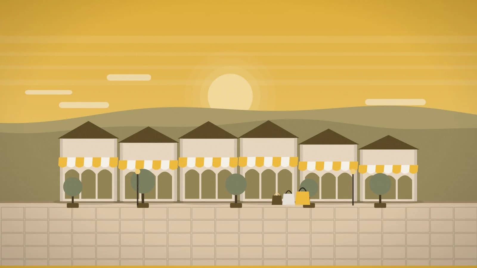 Illustration of an outlet promenade against rolling hills, Coruña, The Style Outlets, Culleredo (A Coruña area), Spain
