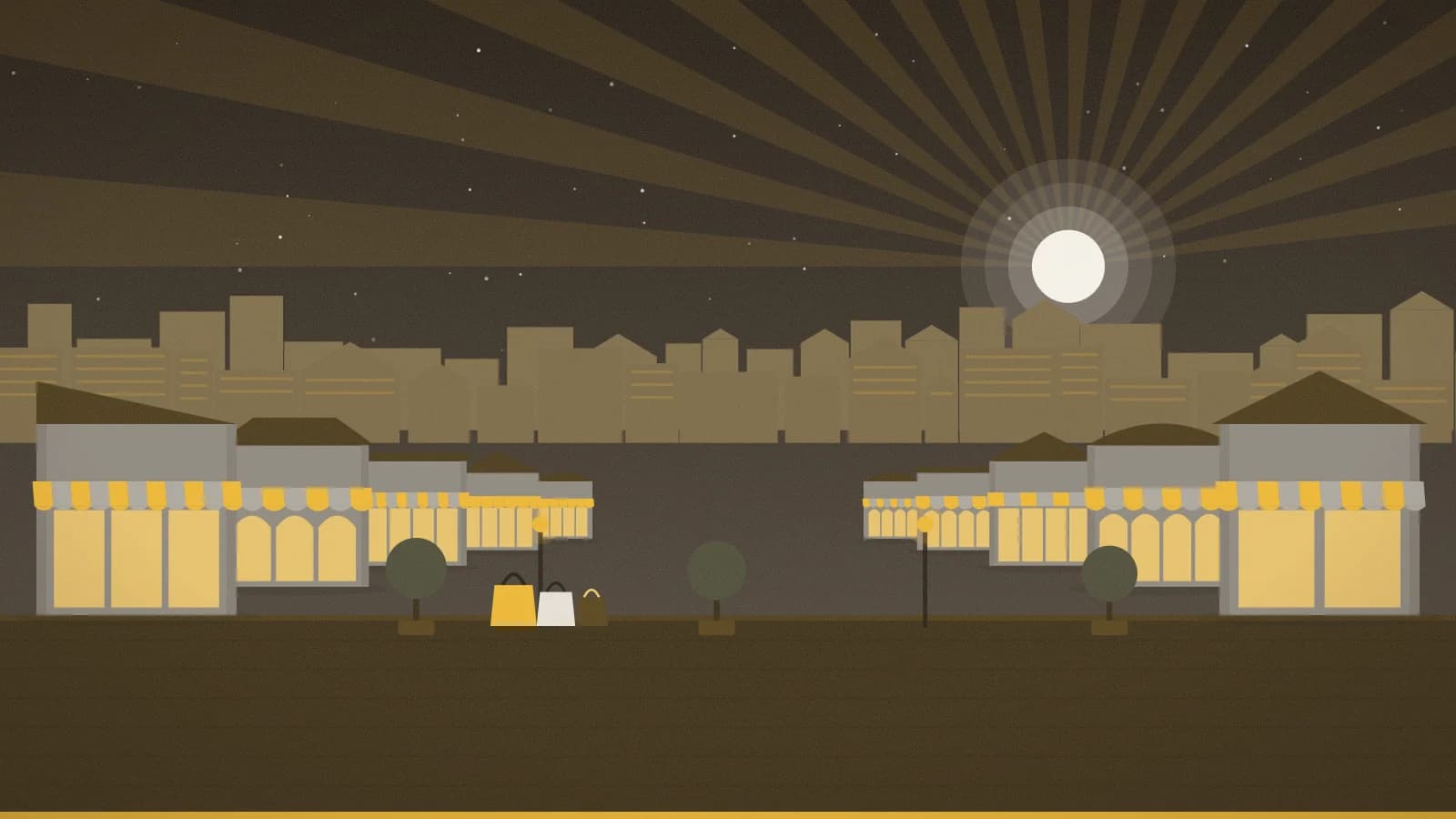 Illustration of an outlet promenade against a low-rise townscape, Las Rozas, The Style Outlets, Las Rozas de Madrid, Spain