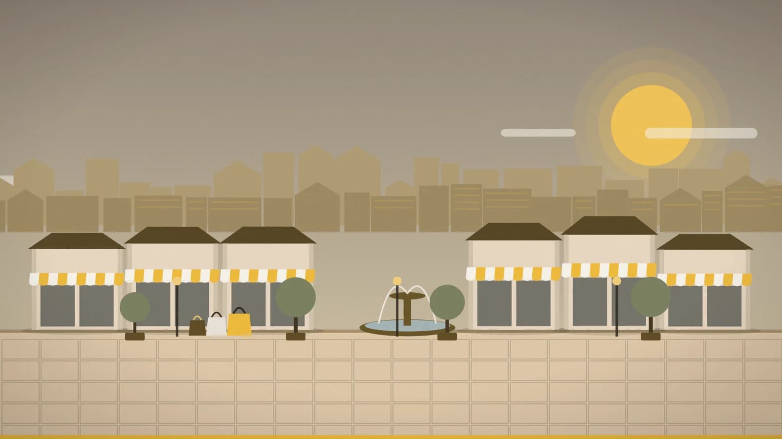 Illustration of an outlet promenade against a low-rise townscape, San Sebastián de los Reyes, The Style Outlets, San Sebastián de los Reyes, Spain