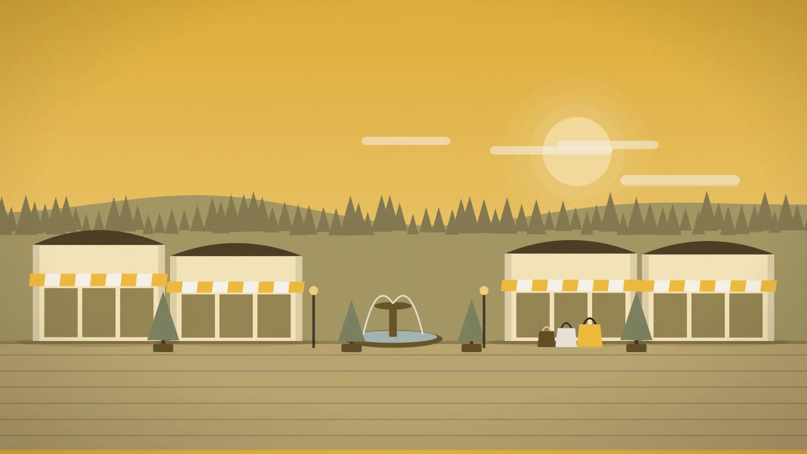 Illustration of an outlet promenade against forested hills, Wrentham Village Premium Outlets, Wrentham, MA, USA